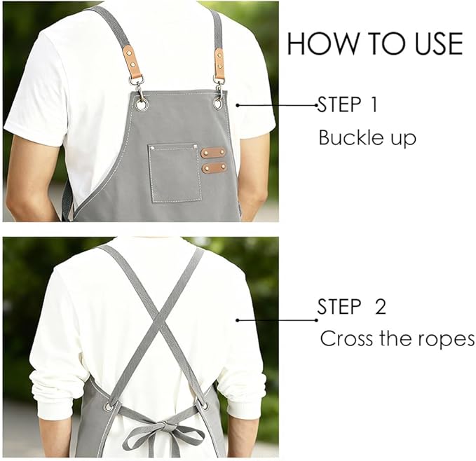 Chef Apron for Women Men with Pockets, Cotton Canvas Cross Back Adjustable Gardening Apron