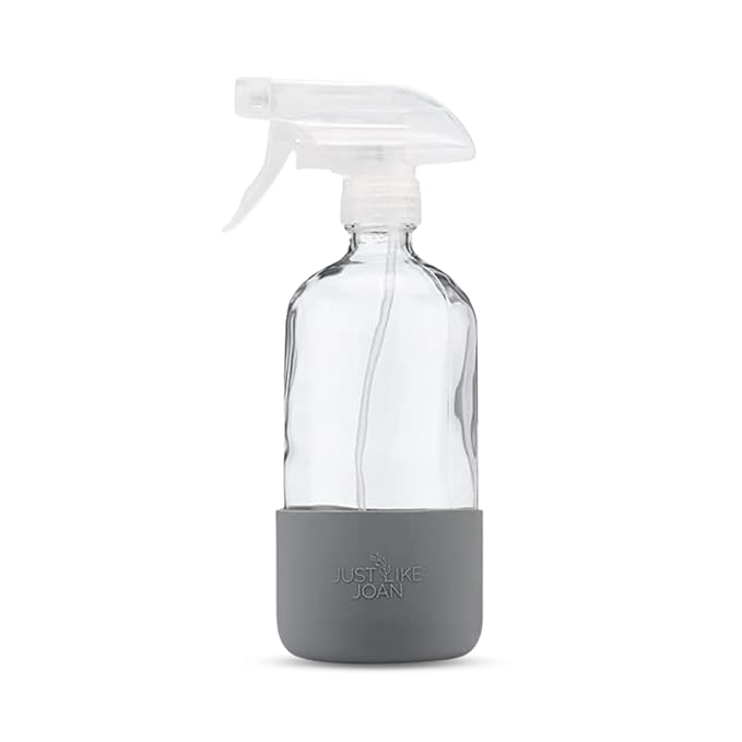 Clear Glass Spray Bottle with Silicone Sleeve for Cleaning Solutions, Essential Oils, Plants, Vinegar - 16 oz, Refillable, Food Safe (Steel Gray)
