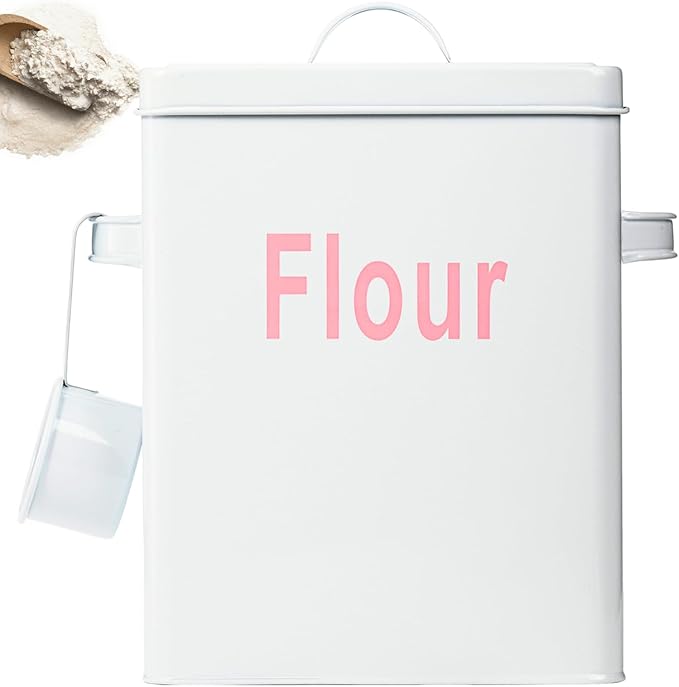 Youeon Metal Flour Container with Scoop and Lid, 6.3 Quart (Holds up to 7 lbs), Galvanized Steel Flour Canister with Handles, Farmhouse Square Storage Bin for Kitchen Counter, Pantry, White