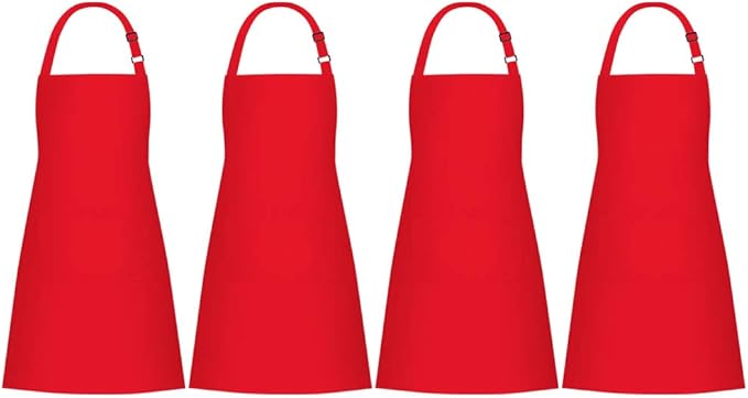 Jubatus 4 Pack Bib Aprons with 2 Pockets Cooking Chef Kitchen Apron for Women Men, Red