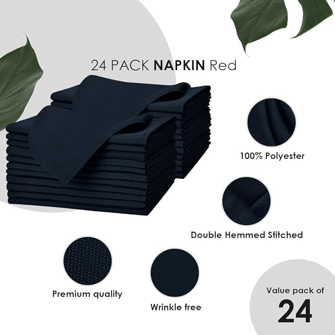 Avalon Kitchen Navy Blue Cloth Napkins Bulk (Pack of 24) - 100% Polyester Dinner Linen Napkins Cloth Washable & Reusable - Durable with Hemmed Edges - Ideal for Parties and Weddings (17x17 Inches)