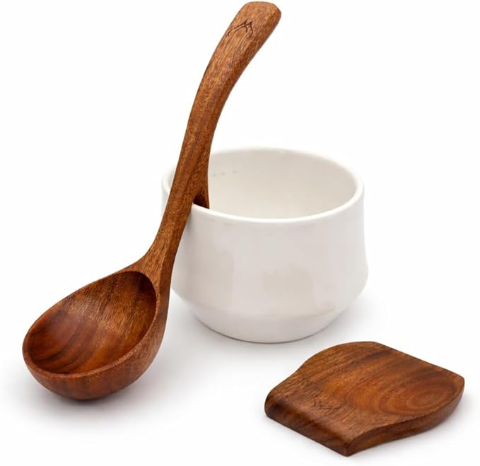 4Pcs Wooden Ladle Set – Teak Wood Soup Spoons with Hook Handles for Cooking, Serving, Stirring – Non-Stick Wooden Spoons for Pot & Bowl Use