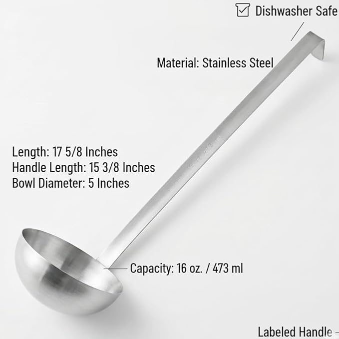 Stainless Steel Ladle, 16 oz – Heavy-Duty 2-Piece Construction, Long Handle, Hooked Design for Easy Storage – Perfect for Soup, Stew, Chili, Sauce, and Commercial Kitchens (1, 16 Oz)