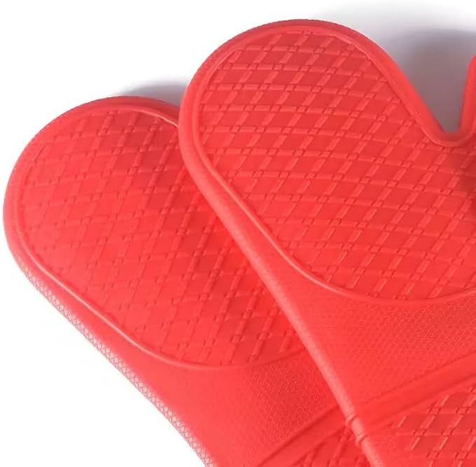 Linwnil Extra Long Silicone Oven Mitts Heavy Duty Commercial Grade Oven Mitts Heat Resistant BBQ Gloves with Quilted Cotton Lining 2 Pack (Red)
