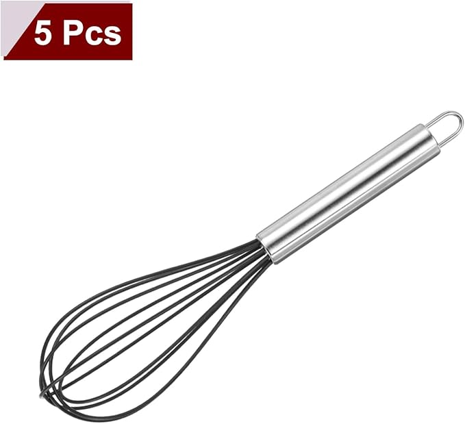 HARFINGTON 5Pcs Silicone Whisk 10" Kitchen Whisk Wire Whisks Beater with Stainless Steel Handle for Egg Milk Whisking Blending Beating & Stirring, Black