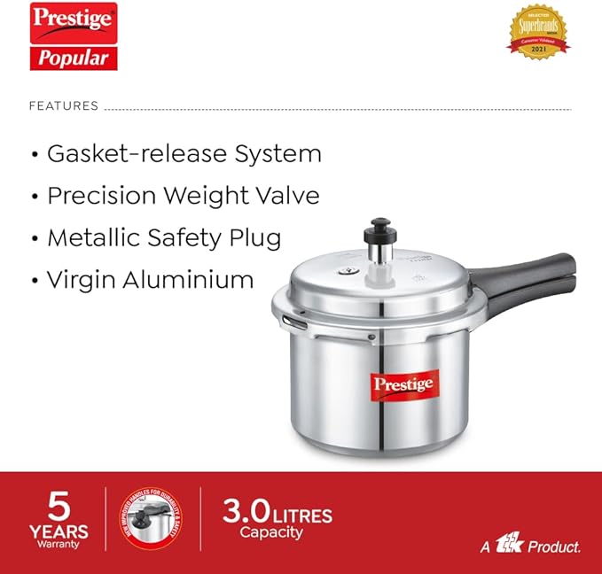 Prestige PRP3 Pressure Cooker, 3 Liter, Silver, Aluminum