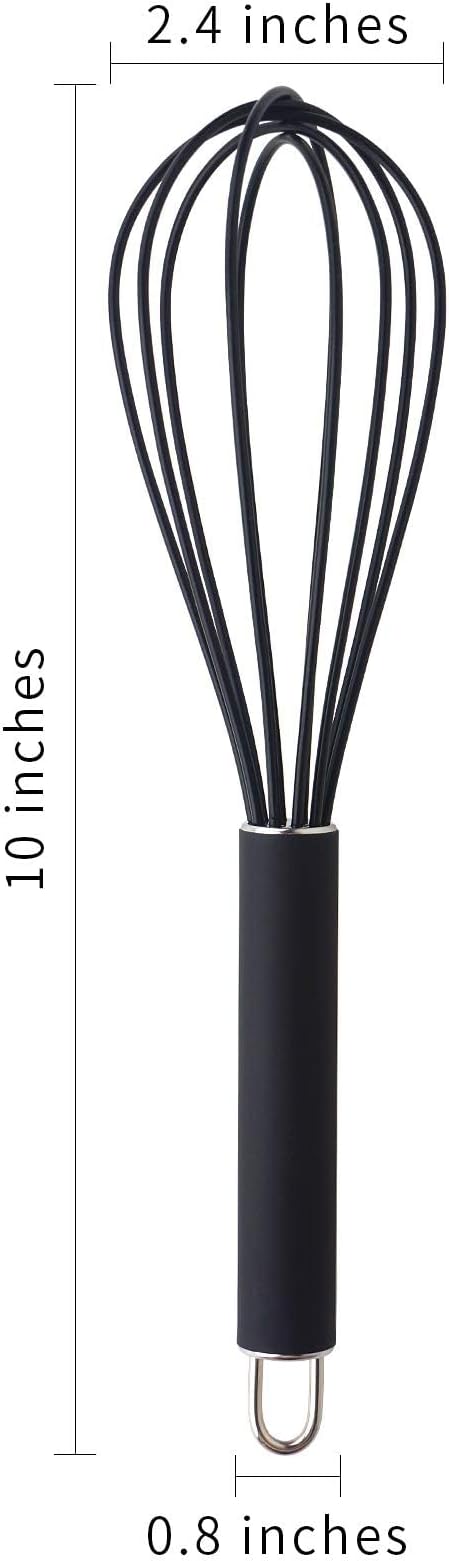 GorGin high temperature and easy to clean silicone whisk, stirrer, 10 inch, grip good grip design for Blending Whisking Beating Stirring Cooking Baking (1 Pack | black)