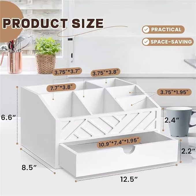Coffee Bar Organizer with Drawer, Coffee Station Organizer for Countertop, Wood Coffee Bar Accessories Organizer for Coffee Bar Decor, Farmhouse Coffee Cup Pod Holder Condiment Organizer(White)