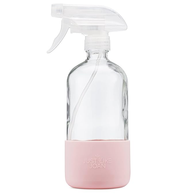 Clear Glass Spray Bottle with Silicone Sleeve for Cleaning Solutions, Essential Oils, Plants, Vinegar - 16 oz, Refillable, Food Safe (Blush Pink)