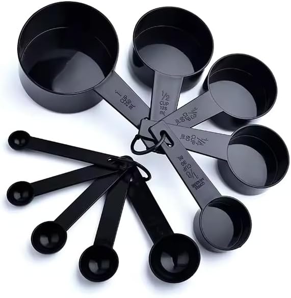 Ovenza measuring Cups and Spoons, 10 Piece Measuring Cup Spoon Set, Plastic Cups and Spoons Set for Baking,Kitchen and cooking, 5 Measure Cups & 5 Measurement Spoons Set for Cooking Color Black