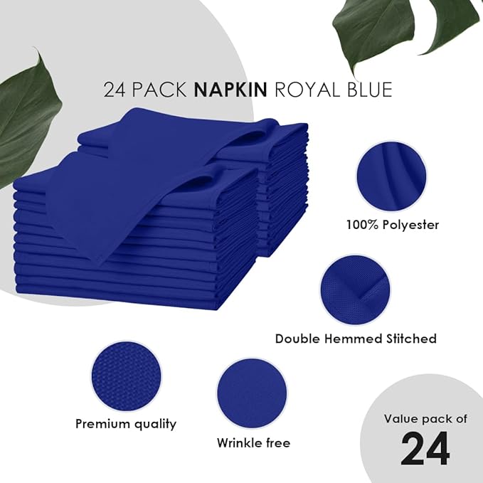 Avalon Kitchen Royal Blue Cloth Napkins Bulk (Pack of 24) - 100% Polyester Dinner Linen Napkins Cloth Washable & Reusable - Durable with Hemmed Edges - Ideal for Parties and Weddings (17x17 Inches)
