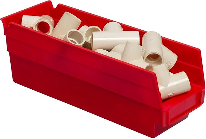 Akro-Mils 30120 Plastic Shelf Bins, Heavy Duty Storage Bins for Garage, Closet, and Drawer Organization, 12" x 4" x 4", Red, 24-Pack