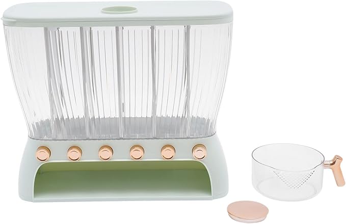 6 Grids Grain Dispenser Can, Cereal Rice & Grain Storage Container Multigrain Tank Rice Dispenser Dry Food Grain Dispenser with Measuring Cup for Grains Rice Dry Food Beans (22.05Lbs Light Green)