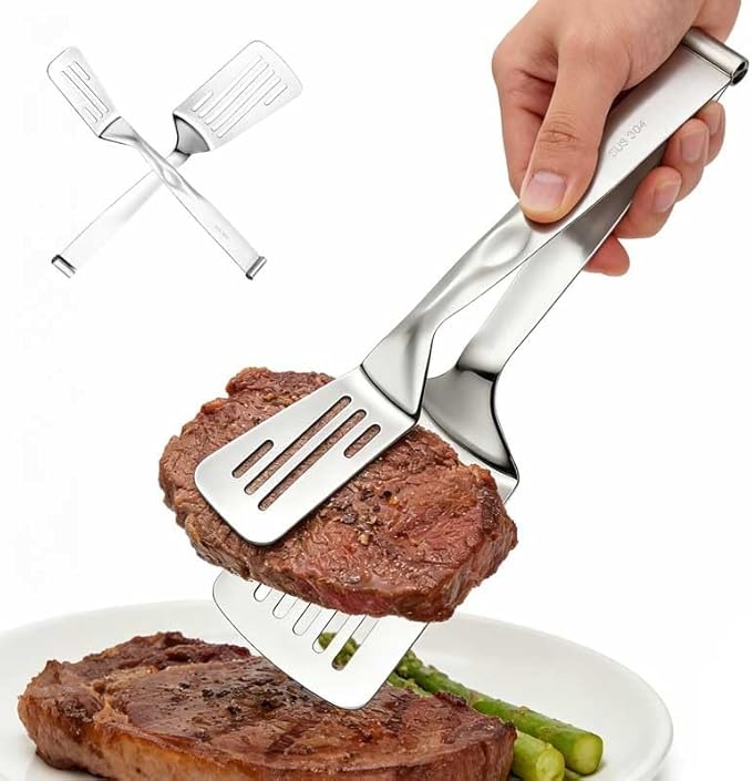 [2-in-1 Detachable Design] 12-Inch 304 Stainless Steel Spatula Tongs, Rust-Proof Metal Tongs for High Heat Cooking, Professional Food Turner for BBQ and Grilling, Durable Kitchen Essential