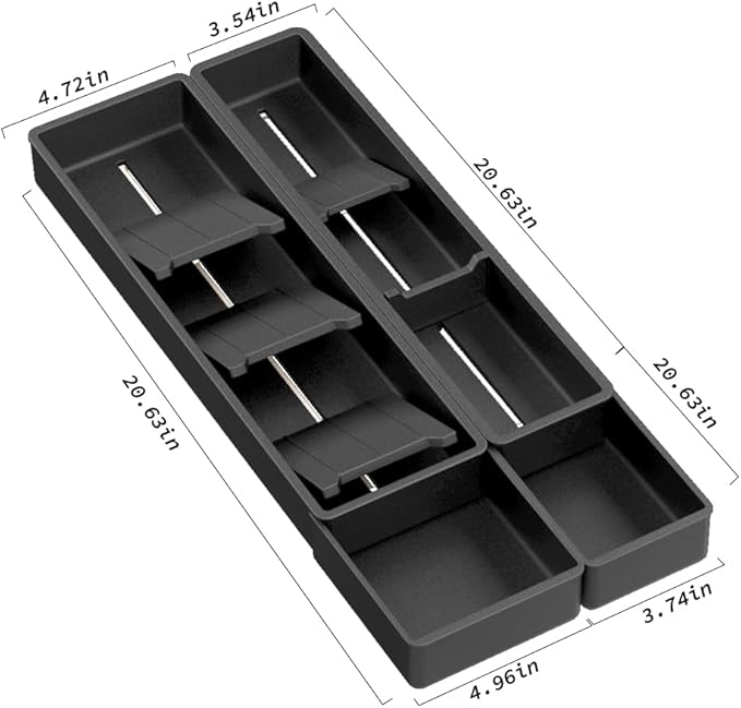 Silverware Drawer Organizer with Expandable Panel & Removable Dividers – Fits 15.67" to 21.18" Kitchen Drawers, Space-Saving Utensil Storage Solution (SPACE BLACK, W8.66 x L15.7 inches)