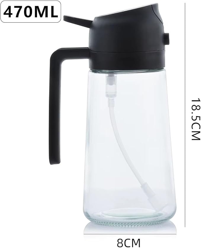 2-in-1 Oil Sprayer & Pour Bottle for Cooking 470ml Glass Olive Oil Dispenser with Leak-Proof Stainless Steel Nozzle, Fine Mist Spray for Healthy Cooking, Air Fryer & Salad (Black)