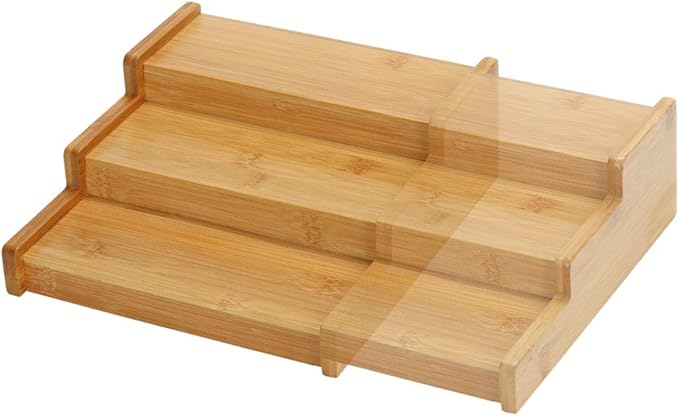 Lustiger Chef Spice Rack Organizer for Cabinet, Expandable Natural Bamboo Desk Shelf, 3-Tier Adjustable Spice Rack, Storage and Seasoning Shelf Organizer for Kitchen Countertop Pantry Tabel