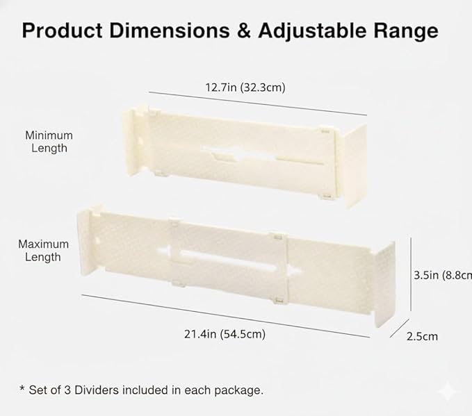 3 Count - Adjustable Drawer Dividers and Separators | Expandable Length from 12.7 to 21.4 Inches | Multipurpose Organizer for Cosmetics, Tools, and Clothes | Plastic Dresser Drawer Organizer (White)
