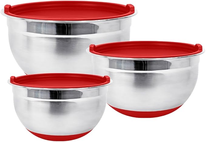 Stainless Steel Mixing Bowls with Lids and Non Slip Bases (Set of 3, Red)