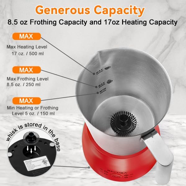 Secura Detachable Milk Frother and Steamer, 17 oz Electric Milk Warmer, 4-in-1 Hot/Cold Foam Maker, Teflon-Free Stainless Steel Jug, Dishwasher Safe for Latte, Macchiato, Hot Chocolate (Red)