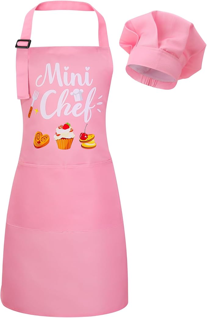 Kids Apron and Chef Hat Set, “Mini Chef” Funny Apron Adjustable Kitchen Apron for Boys and Girls