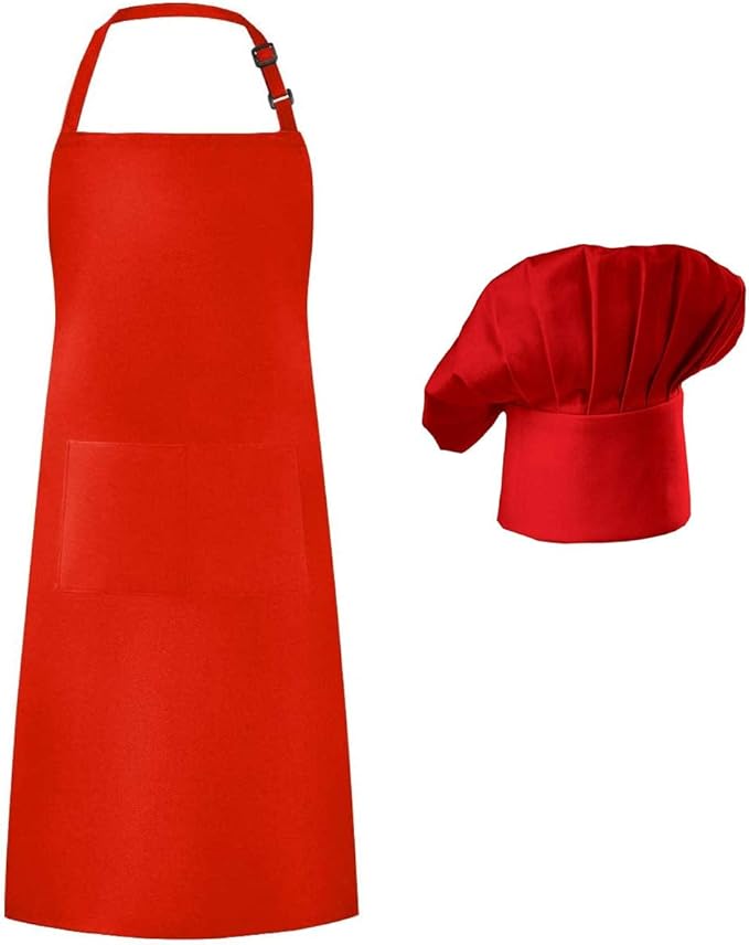 Hyzrz Chef Apron Hat Set, Chef Hat and Kitchen Adult Adjustable Baker Costume Apron for Men and Women Father's Gift (Red)