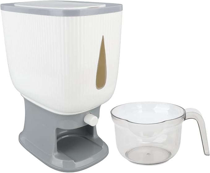 Heayzoki Rice Dispenser, 10kg Proof Rice Container with Measuring Cup for Kitchen Pantry, Ideal Rice Storage Container with Lid, Large Cereal Grain Storage Container (Gray)