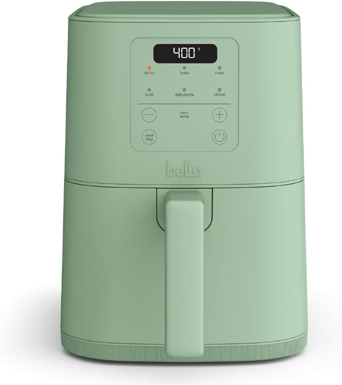 bella 4Qt Slim Air Fryer, Fits-anywhere™ Kitchenware, EverGood™ Ceramic Nonstick Coating, Adjustable Temperature, 6 Preset Cooking Options, 60 Min Auto Shutoff w Audible Tone, 3.3lb Capacity, Seaglass