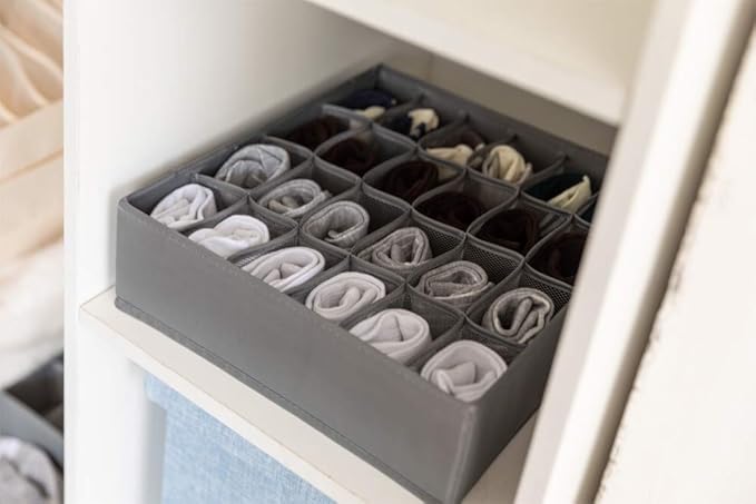 ALYER Collapsible Bra(A-C Cup) Drawer Organizer,Durable Cloth Storage Box Bins Dividers for Panties,Underwear,Socks,Lingerie(Gray-7 Cells)