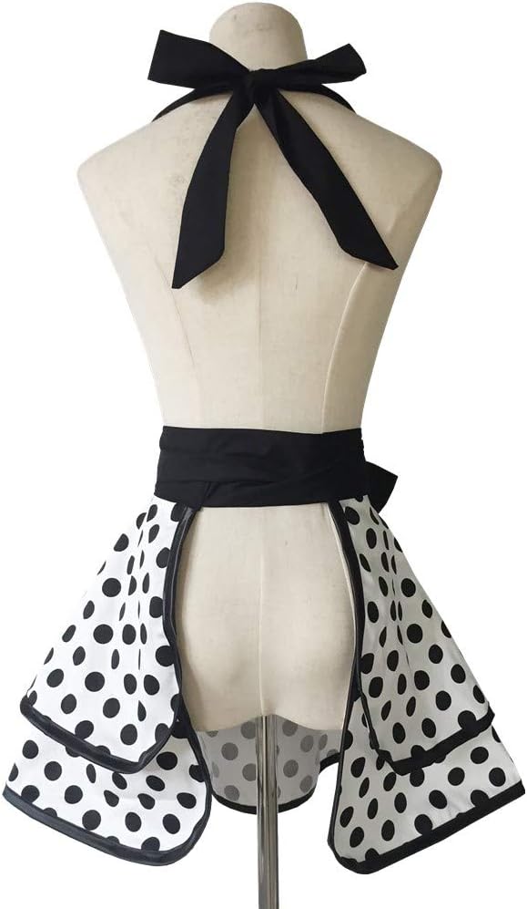 Hyzrz Lovely Handmade Cotton Retro Aprons for Women Girls Cake Kitchen Cook Apron for Mother's Gift (Black Dot)