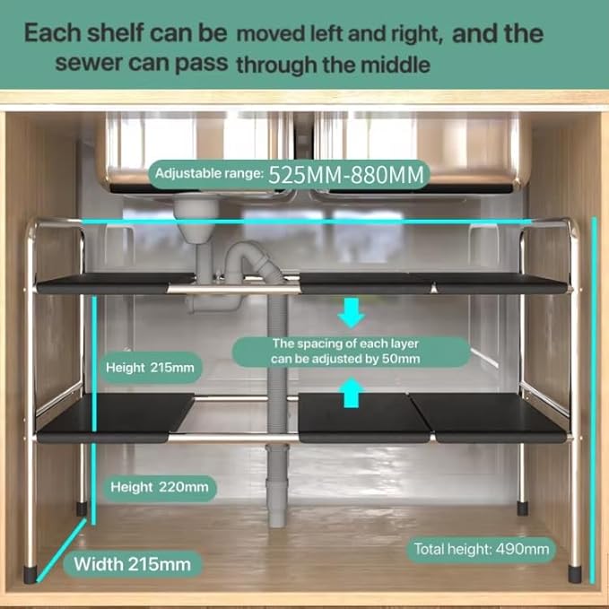 Under Sink Organizer, 2-Tier Expandable Stainless Steel Storage Rack with Removable Panels, Waterproof Anti-Slip Cabinet Shelf for Kitchen, Bathroom & Laundry