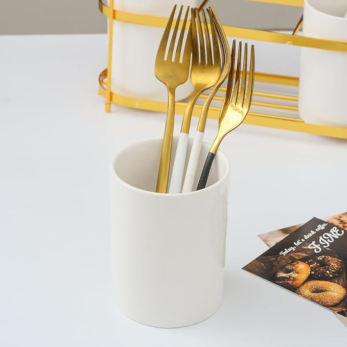 3-Piece White Ceramic Silverware Holder for Party Countertop, Utensil Holder with Golden Metal Rack Flatware Caddy Cutlery Storage Organizer for Kitchen Table (White+Gold A)