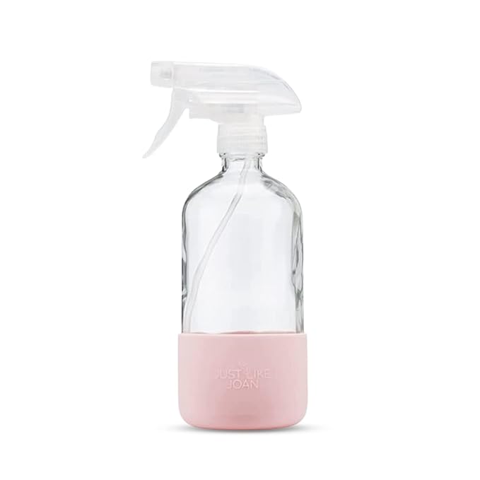 Clear Glass Spray Bottle with Silicone Sleeve for Cleaning Solutions, Essential Oils, Plants, Vinegar - 16 oz, Refillable, Food Safe (Blush Pink)