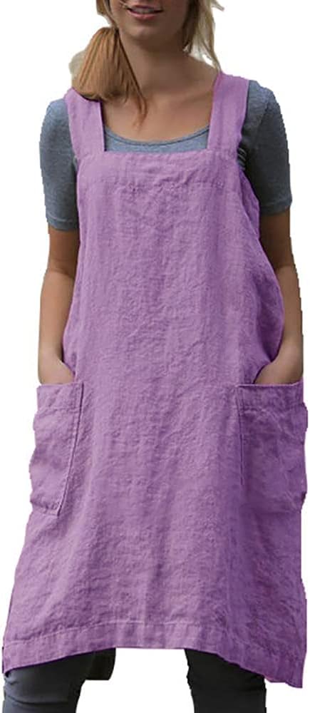 VLZUFE Cotton Linen Apron for women Cross Back Apron Pinafore Dress for Baking Cooking Gardening Work