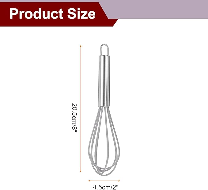 HARFINGTON 5Pcs Silicone Whisk 8" Kitchen Whisk Wire Whisks Beater with Stainless Steel Handle for Egg Milk Whisking Blending Beating & Stirring, Grey