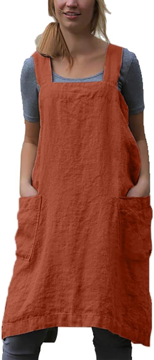 VLZUFE Cotton Linen Apron for women Cross Back Apron Pinafore Dress for Baking Cooking Gardening Work