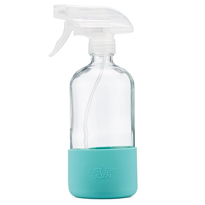 Clear Glass Spray Bottle with Silicone Sleeve for Cleaning Solutions, Essential Oils, Plants, Vinegar - 16 oz, Refillable, Food Safe (2-PACK: Rich Black & Ocean Turquoise)
