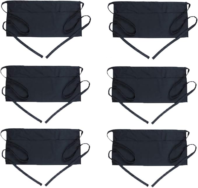 BOHARERS 6 Pack Server Apron with 3 Pockets Black Waitress Aprons Half Waiter Bistro Apron Waist Aprons Waterproof