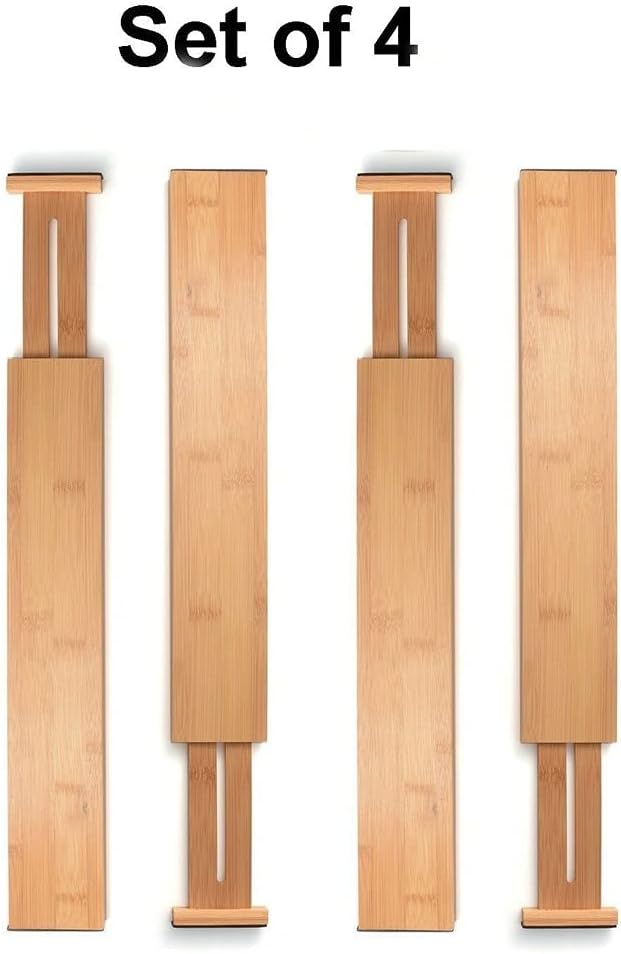 Bamboo Drawer Dividers Set of 4, Adjustable Drawer Organizers for Kitchen, Bedroom, Bathroom, Dresser & Office (13"-17")