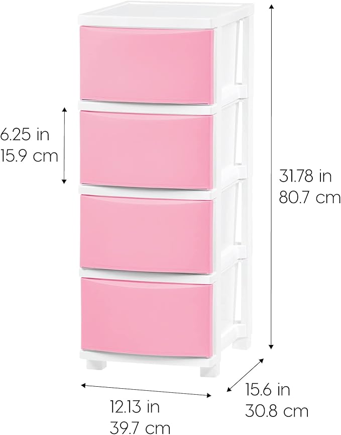 IRIS USA Plastic Drawer Storage Organizer, 4-Drawers, for Classroom Art Supplies Bathroom Dorm Bedroom Laundry Room, Slim Narrow, White Frame with Matte Pink Front Panels