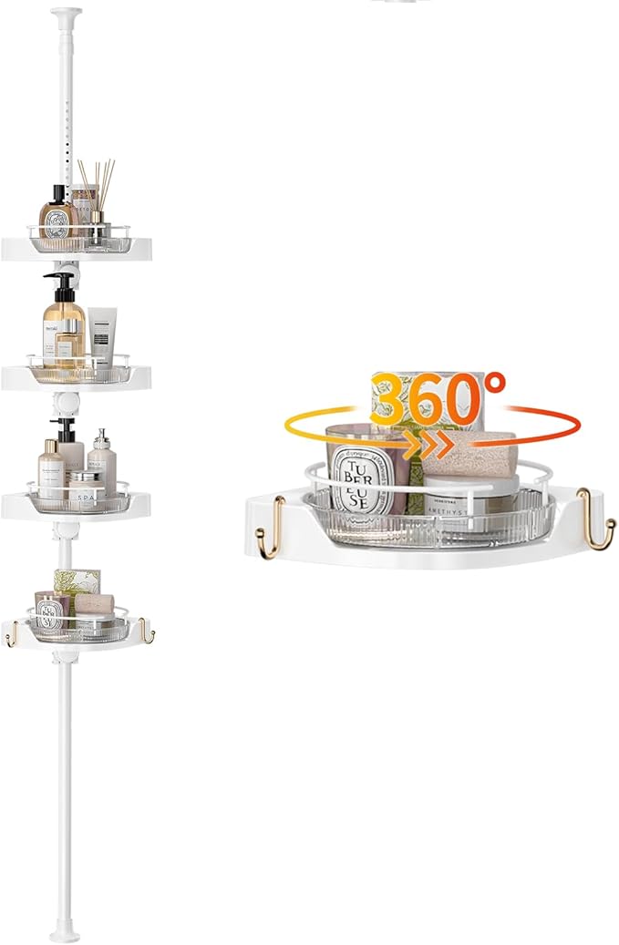 akinbas Shower Caddy Tension Pole with 4 L-Lazy Susan Organizer 360 Rotating 35-128 Inch No Drilling Floor Standing Shelves Adjustable Shower Rack for Bathroom Corner (White)