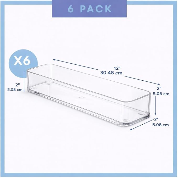 primebox Plastic Clear Acrylic Drawer Organizers. Bathroom, Kitchen, Bedroom, Utensils, Office Organizer Bins, Storage Trays. Heavy Duty, Stackable. 9" x 2" x 2" Set of 6