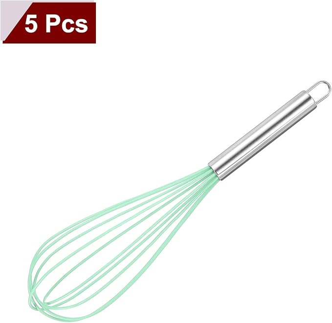HARFINGTON 5Pcs Silicone Whisk 12" Kitchen Whisk Wire Whisks Beater with Stainless Steel Handle for Egg Milk Whisking Blending Beating & Stirring, Green