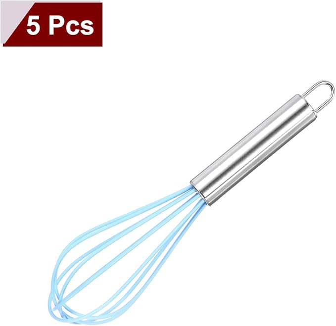 HARFINGTON 5Pcs Silicone Whisk 8" Kitchen Whisk Wire Whisks Beater with Stainless Steel Handle for Egg Milk Whisking Blending Beating & Stirring, Blue