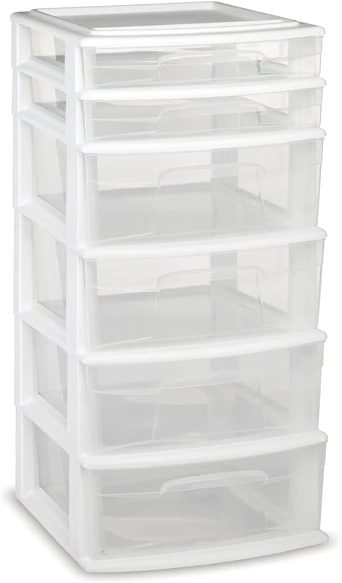 HOMZ Drawer Tower, 6-Tier Clear Plastic Storage Organizer Cart, White Frame - Heavy-Duty Organizing Drawers for Home, Bedroom, and Closet Organization