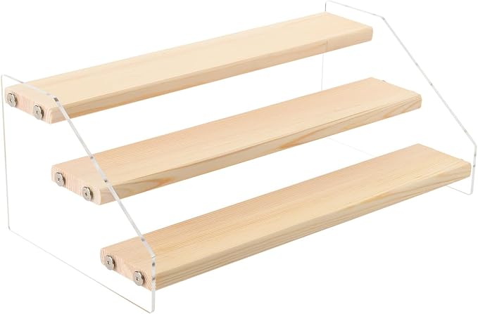 Tiered Spice Rack Acrylic Wood Board Spice Rack Organizer for Cabinet, Seasoning Organizer Spice Shelf, Space Saving Clear Stand Step Can Organizer for Kitchen Countertop Storage, 3 Tier