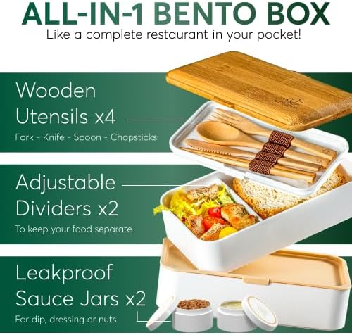 Umami Bento Box Adult All-In-1 w/4 Utensils, Big Sauce Jar, 2 Dividers, 100% Leakproof, Microwave & Dishwasher Safe Stackable Bento Lunch Box Containers for Men/Women, Black & Bamboo, 40 oz