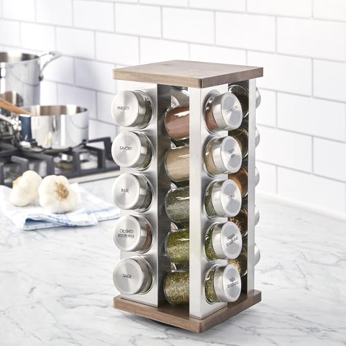 Kamenstein 20 Jar Vintage Spice Rack with Spices Included, Revolving Countertop Spice Organizer with Glass Jars, Labeled Caps, Removable Sifter Discs, and Free Refills for 5 Years