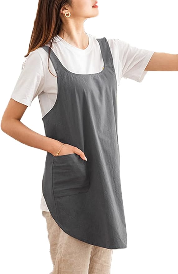 Cotton Cross Back Aprons Solid Color Cooking Kitchen Garden Smock for Women Girls with Pockets