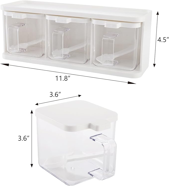 Hedume 2 Pack 3 Grids Clear Seasoning Box with Handle and Spoon, Seasoning Storage Container Rack Combo Set with Removable Cruet Jars for Spice Salt Sugar